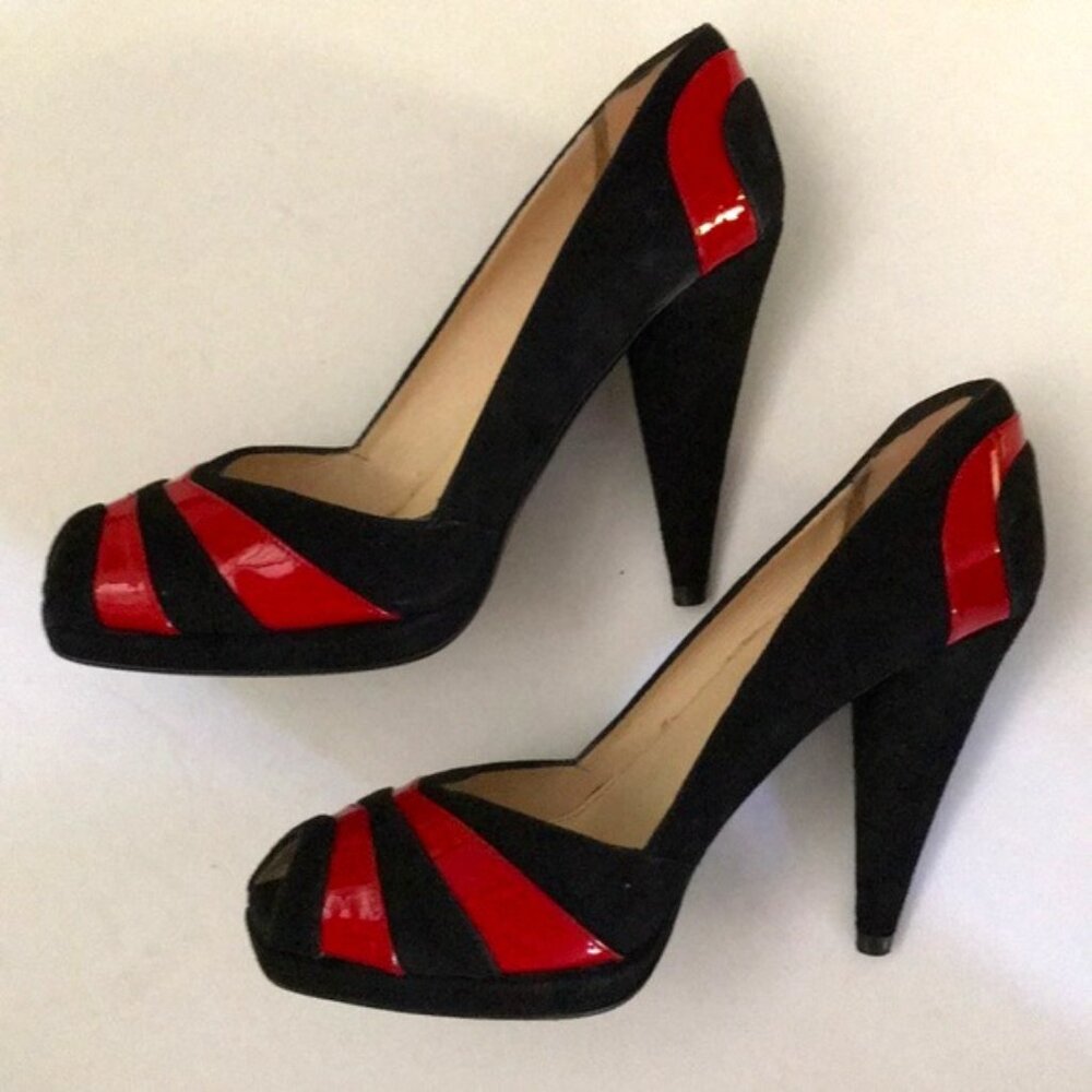 Prada Black Suede Peep Toe with Red Patent